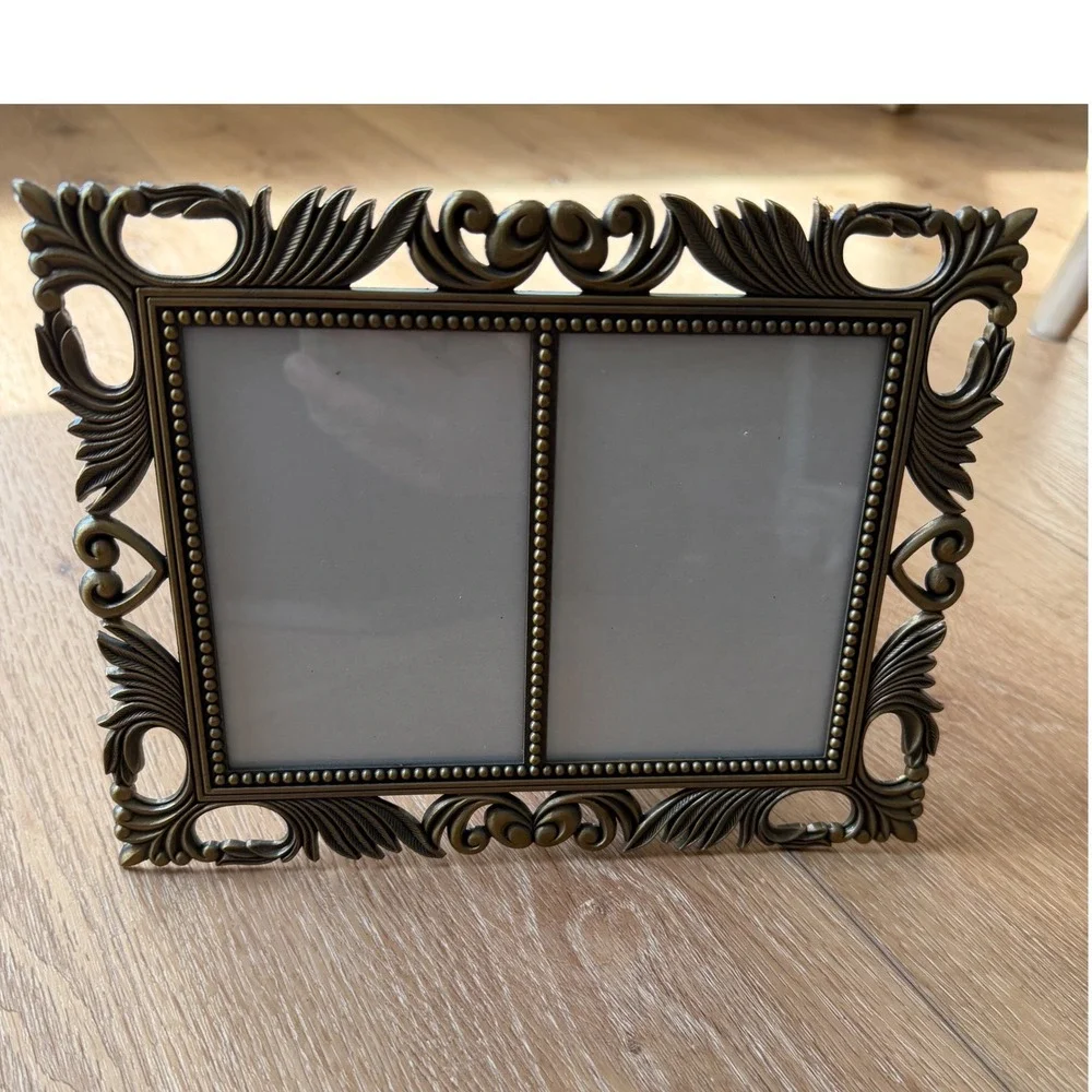 Vintage Ornate Brass Metal Double Picture Frame Heart Scrollwork 3x4.5
